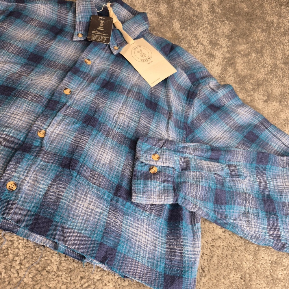 NEW Urban Renewal Womens Raw Crop Flannel Shirt‎ Blue Teal Plaid Reworked S/M - Picture 5 of 12